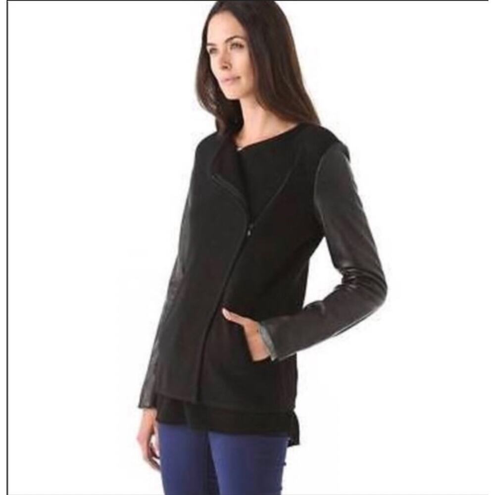 Vince Black Asymmetrical Boucle Wool Jacket Leather Sleeve Motor Zip sz S